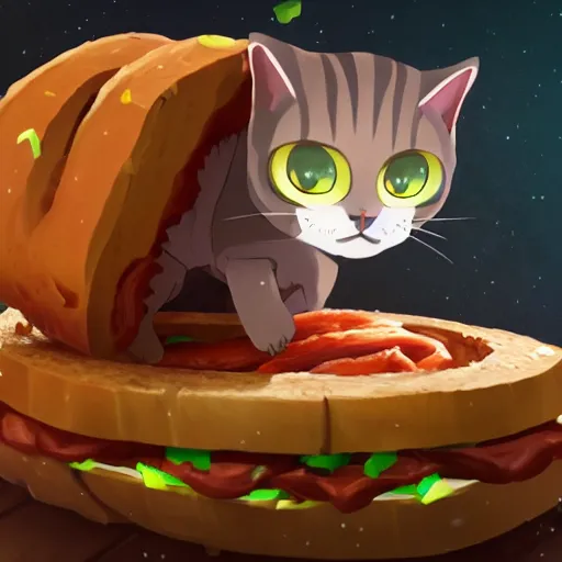 Image similar to a terrified cat running away from the giant carnivorous sandwich, artstation hq, dark phantasy, stylized, symmetry, modeled lighting, detailed, expressive, created by hayao miyazaki