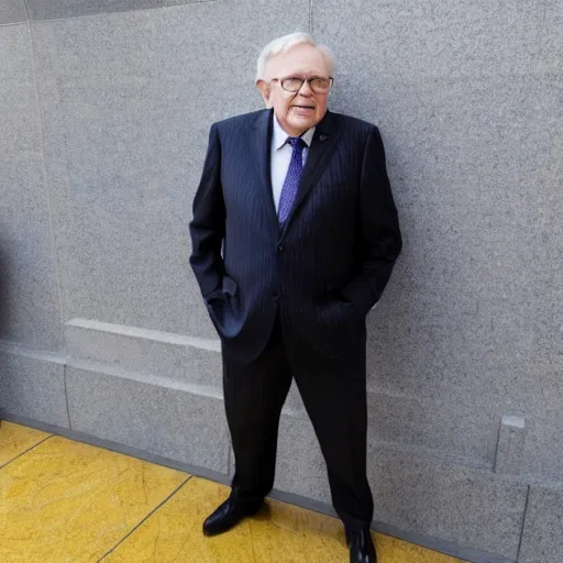 Image similar to warren buffet as thanos standing outside wall street stock exchange, reality, realistic, detailed, 8 k, award winning, wide shot,