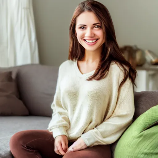 Image similar to a cute young woman smiling, long shiny bronze brown hair, full round face, green eyes, medium skin tone, light cute freckles, smiling softly, wearing casual clothing, relaxing on a modern couch, interior lighting, cozy living room background, medium shot, mid-shot, soft focus