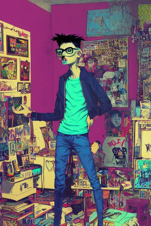 Image similar to a skinny goth guy standing in a cluttered 9 0 s bedroom by jamie hewlett, jamie hewlett art, full body character concept art, vaporwave colors, digital painting, hd, ultra hd, detailed, award winning, small details, artgerm,