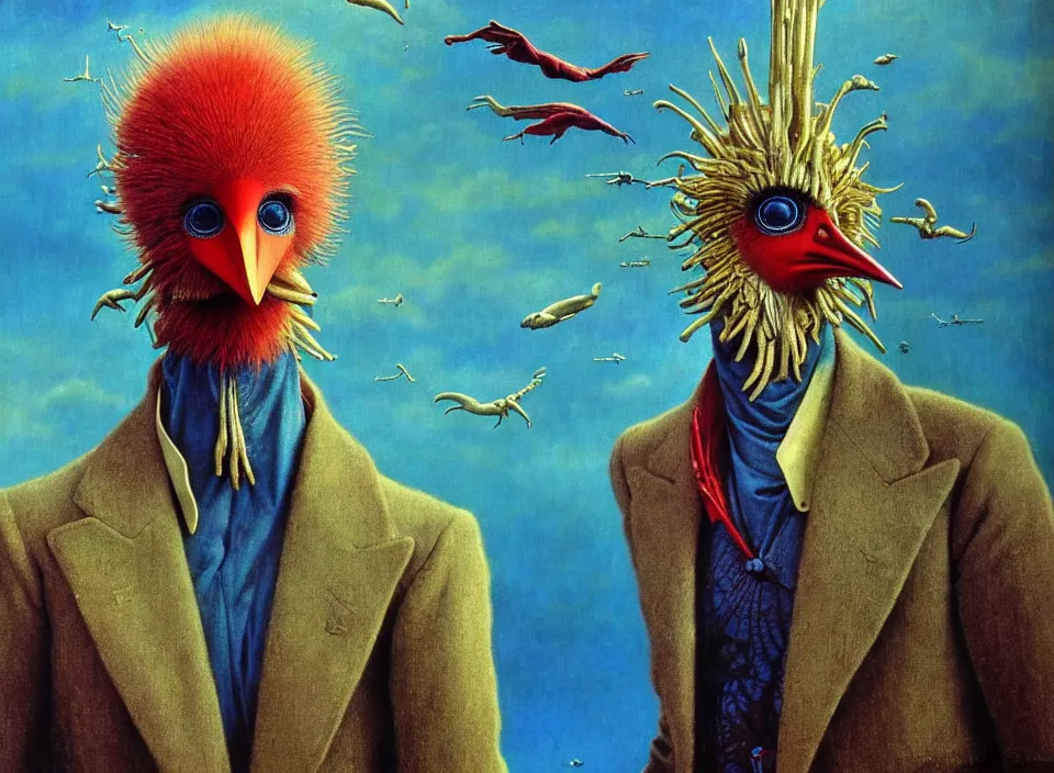 Image similar to realistic detailed portrait movie shot of a birdman wearing a dark blazer, sci fi landscape background by denis villeneuve, amano, yves tanguy, alphonse mucha, ernst haeckel, max ernst, roger dean, masterpiece, rich cold moody colours, dog teeth, blue eyes