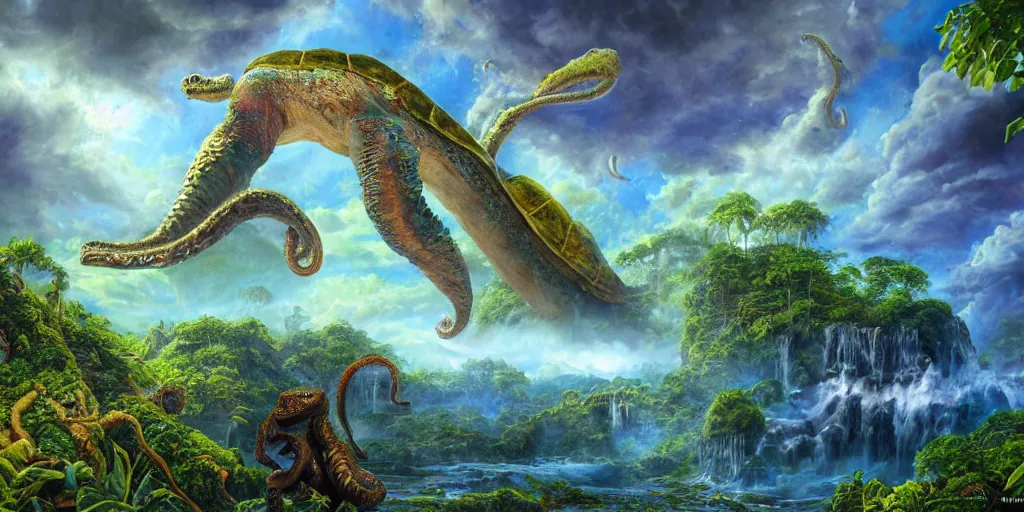 Image similar to fantasy oil painting, great leviathan, turtle cephalopod terrapin reptilian pachyderm amphibian hybrid, rainforest mountains, lush plants flowers, epic natural light, bright clouds, luminous sky, aircraft, outer worlds, bright cinematic key lighting, michael cheval, michael whelan, vray, 8 k hd