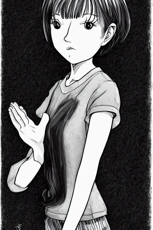 Image similar to portrait of a girl in long pants and a top, hands in pockets, eyes closed, bob haircut, digital art, black and white, manga style, by junji ito