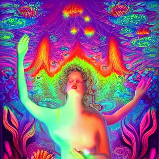 Prompt: goddess of mushrooms bathing in the glowing lake, fantasy painting, extremely psychedelic