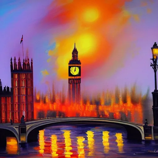 Image similar to detailed, soft, dynamic painting of the Big Ben in flames, burning, arson, professional painting, at dusk