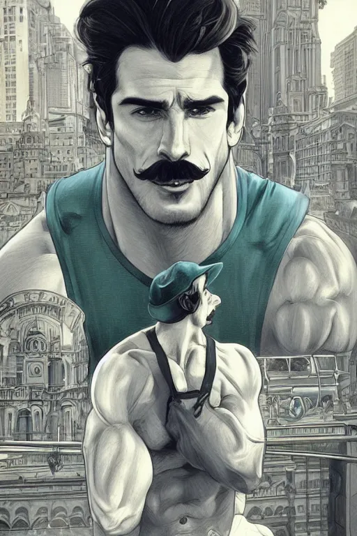 Image similar to luigi as gigachad bodybuilder in the city by ilya kuvshinov, ernest khalimov body, super mario bros symmetrical face concept art, hyper realistic, intricate, elegent, highly detailed, digital painting, concept art, smooth, sharp, focus, illustration, art by artgerm and greg rutkowski and alphonse mucha, artstation