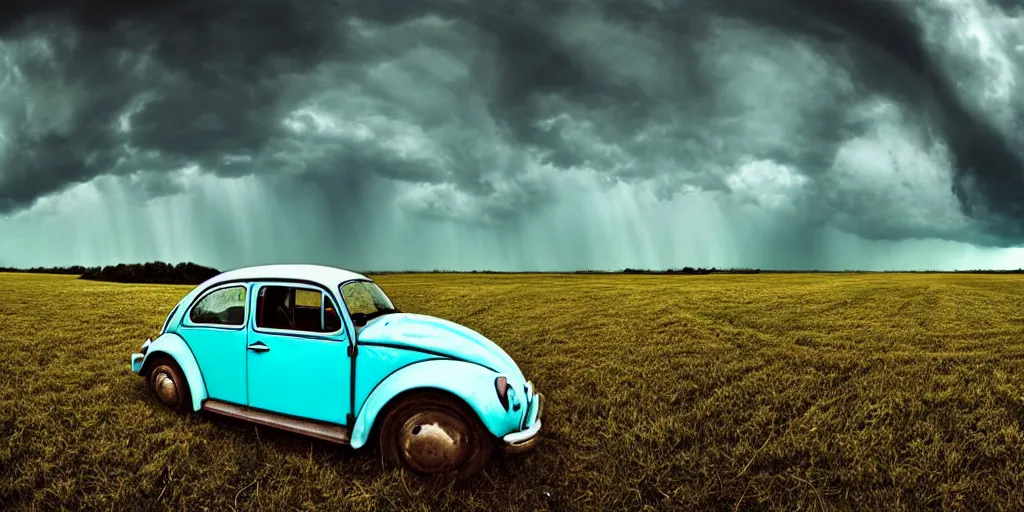 Image similar to a lonely rusty cyan VW Beetle in a vacant field, wide angle, thunderstorm, panorama, detailed digital art