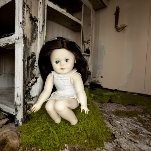 Prompt: a porcelain doll, left on a shelf in an abandoned house. the doll's eyes are looking in slightly different directions. the house is in disrepair and weeds and moss are starting to grow. black and white photo. surrealism.