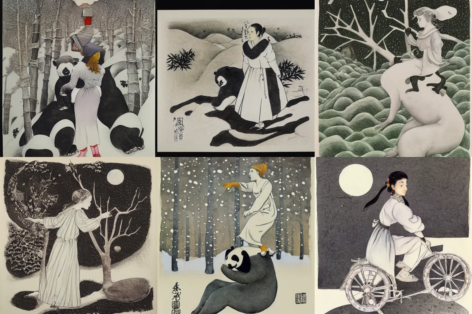 Prompt: girl in a white dress ((riding a panda in a snowy field)), lithograph, watercolors, ink, m.c. escher, moebius