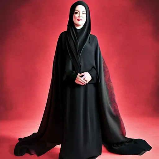 Image similar to A portrait of Emma Stone wearing a Black Arabian abaya , high quality, fully detailed, 4k