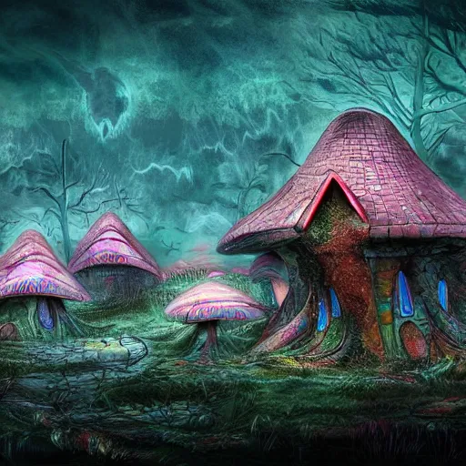 Image similar to psychedelic mushroom houses, post apocalyptic, dark fantasy, liminal space, dark paradise, digital art, 4 k