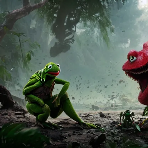 Image similar to a still of kermit the frog in avengers movie, cory loftis, fenghua zhong, ryohei hase, ismail inceoglu and ruan jia. volumetric light, detailed, octane render, horizon zero dawn