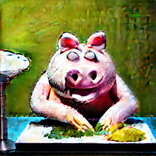 Image similar to landscape studio photograph of a pig cooking dinner depicted as a muppet