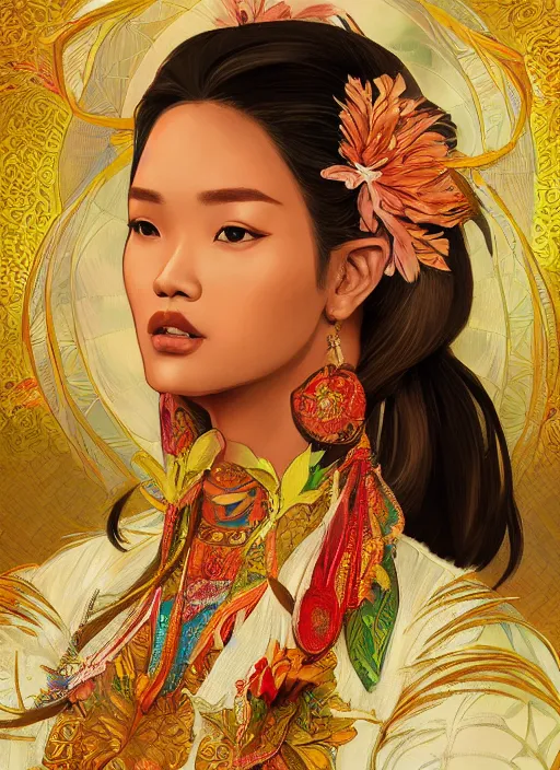 Image similar to portrait of an indonesian supermodels wearing traditional costume, highly detailed, digital painting, artstation, concept art, sharp focus, illustration, art by kittichai rueangchaichan and james gurney and alphonse mucha