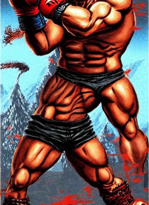 Image similar to extreme long shot. 8 bit nes graphics. antropomorphic muscular masculine wolf. kickboxer fighter, in shorts. wolf head. fine details, very sharp, art from nes game cartridge, marc simonetti and hermann nitsch