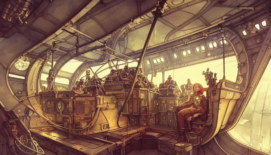 Prompt: airship interior bridge of warship, captain's chair, bridge crew, starship, throne room, french baroque, napoleonic, dieselpunk science fiction, steampunk, command and control center, sharp, concept art watercolor illustration by mandy jurgens and alphonse mucha, dynamic lighting