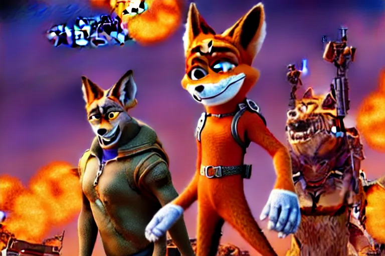 Image similar to nick wilde, heavily armed and armored facing down armageddon in a dark and gritty reboot from the makers of mad max : fury road : witness me