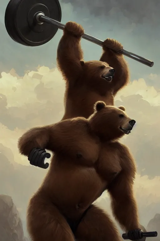 Image similar to anthro bear lifting weights, dim dingy gym, dynamic pose, fantasy, intricate, elegant, highly detailed, digital painting, artstation, concept art, matte, sharp focus, illustration, art by artgerm and greg rutkowski and alphonse mucha