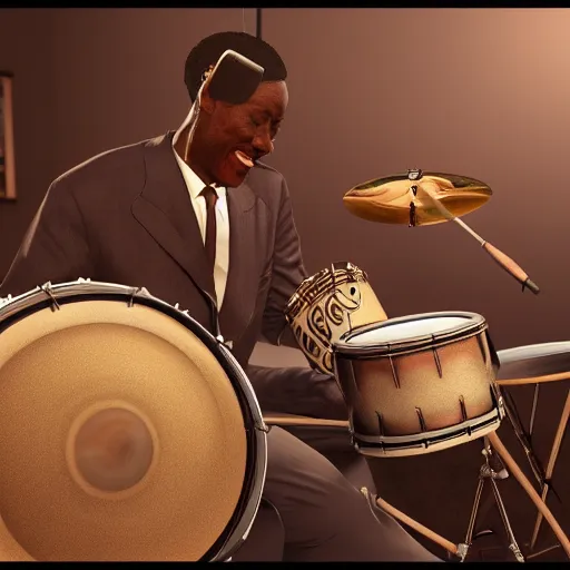 Prompt: 1940's Jazz musician playing drums, photorealistic art, hd, 8k, cinematic lighting, intricate details, high definition