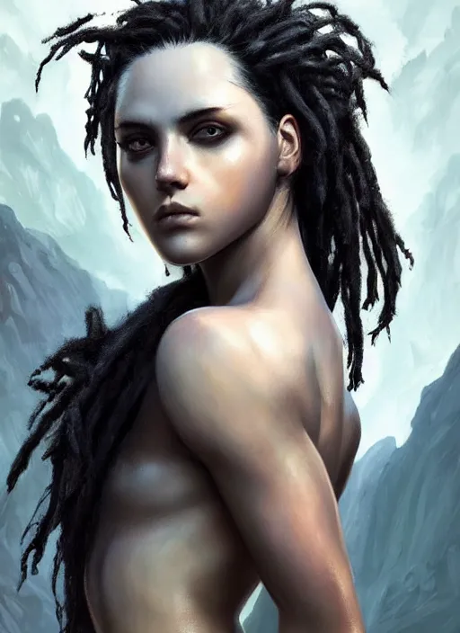 Image similar to girl with pale white skin and black dreadlocks, muscular upper body, beautiful highly detailed face, complementary lighting, backlit, black eyeshadow, dark eyes, adventure, dramatic lighting, landscape background, beautiful painting by artgerm and greg rutkowski and raymond swanland