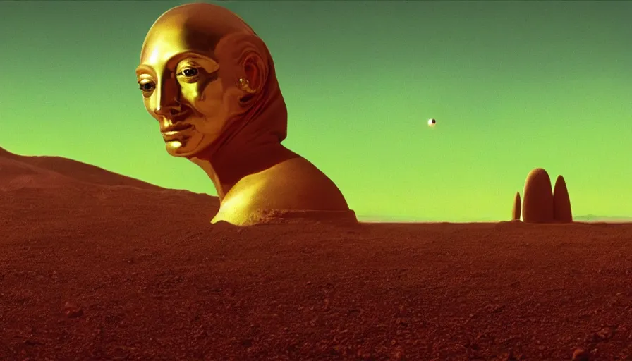 Image similar to glowing bene gesserit in full - face golden glowing mask meet salvador dali in a black rocky desert landscape with alienabandoned city beneath the sand and giant alien spaceship in the sky attacks the earth by christopher doyle and alejandro jodorowsky, anamorphic lens, kodakchrome, cinematic composition, very detailed photo, 8 k,