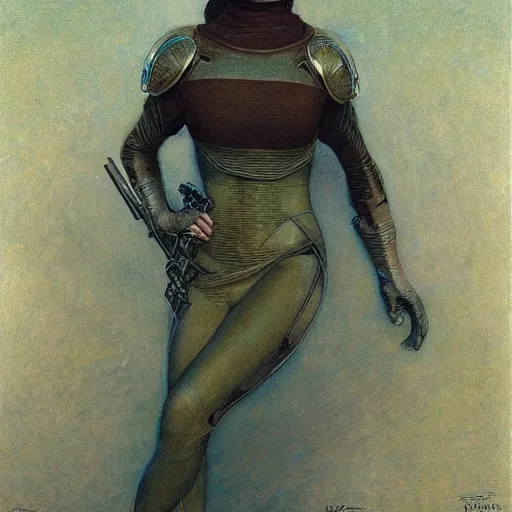 Prompt: masterpiece full body portrait of a beautiful female Fremen on Dune, by Edgar Maxence and Ross Tran and Michael Whelan and Gustav Klimpt