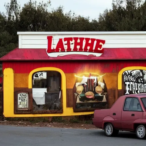 Prompt: Leatherface fast food restaurant