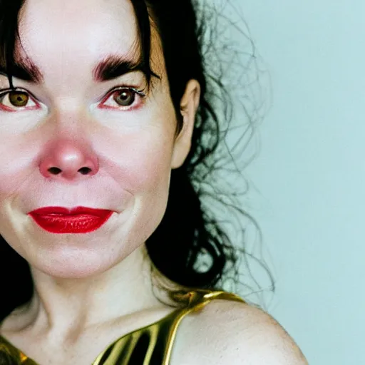 Prompt: Isabel Greenberg pairing of Bjork, smiling but sad and angry
