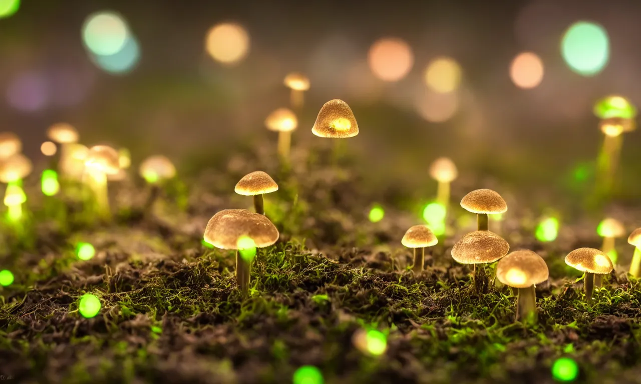 Image similar to a macro shot of bioluminescent mushrooms, dof, 4k, bokeh, acid pixie