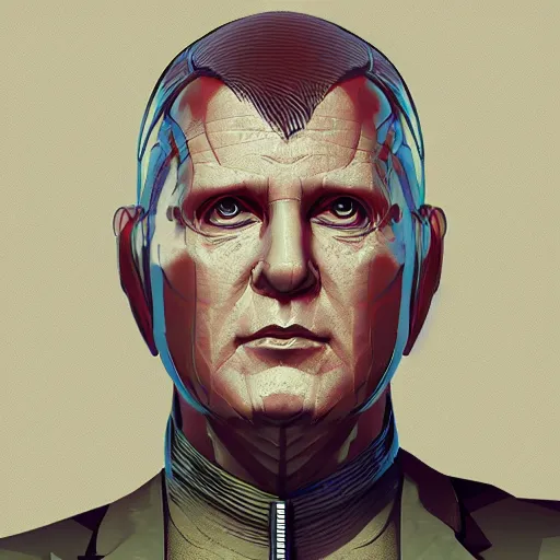 Image similar to cyberpunk nikita krushchev as the leader of a futuristic communist nation, cybernetics, sharp lines, digital, artstation, colored in