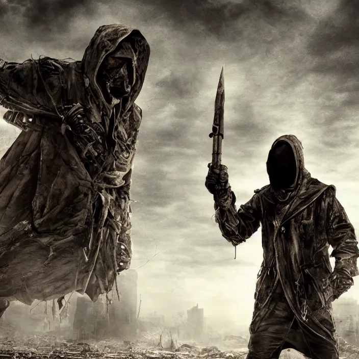 Image similar to hooded apocalyptic man standing in wasteland, hyper - detailed, smooth, sharp focus, 4 k ultra hd, fantasy dark art, apocalyptic art