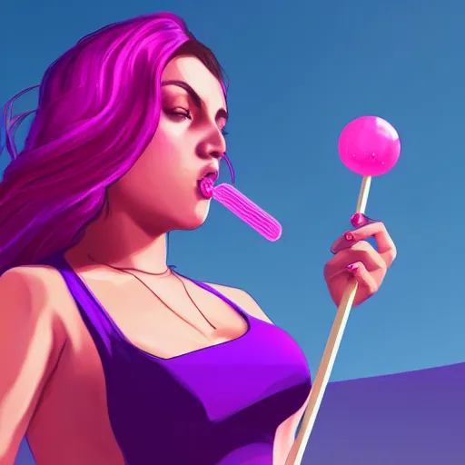 Prompt: a stunning GTA V loading screen with a beautiful woman with ombre hairstyle in purple and pink blowing in the wind licking a lollipop, digital art, trending on artstation