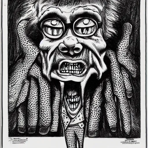 Image similar to a Pop Wonder scary horror themed goofy-hilarious-character r-Crumb, dime-store-comic drawn with charcoal and pen and ink, half-tone-line-stacking