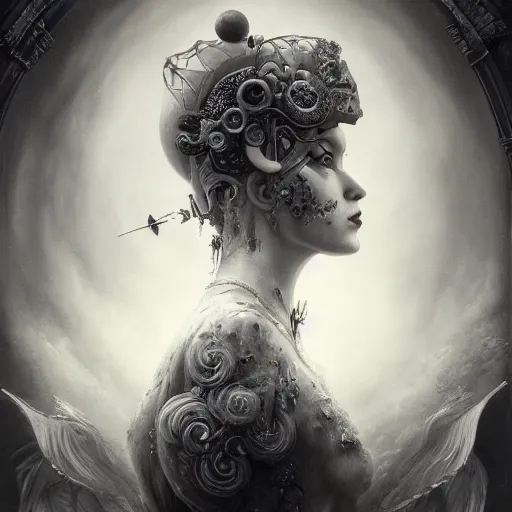 Prompt: ultra realist soft painting of a curiosities carnival by night, omnious sky, symmetry accurate features, very intricate details, By Tom Bagshaw, black and white, volumetric light clouds