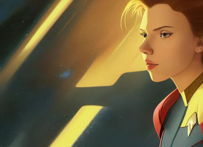 Image similar to a disney film still of scarlett johansson as a star trek officer, finely detailed features, closeup of the face, perfect art, dusk, blue hour, gapmoe yandere grimdark, trending on pixiv fanbox, painted by greg rutkowski, makoto shinkai, takashi takeuchi, alphonse mucha, akihiko yoshida