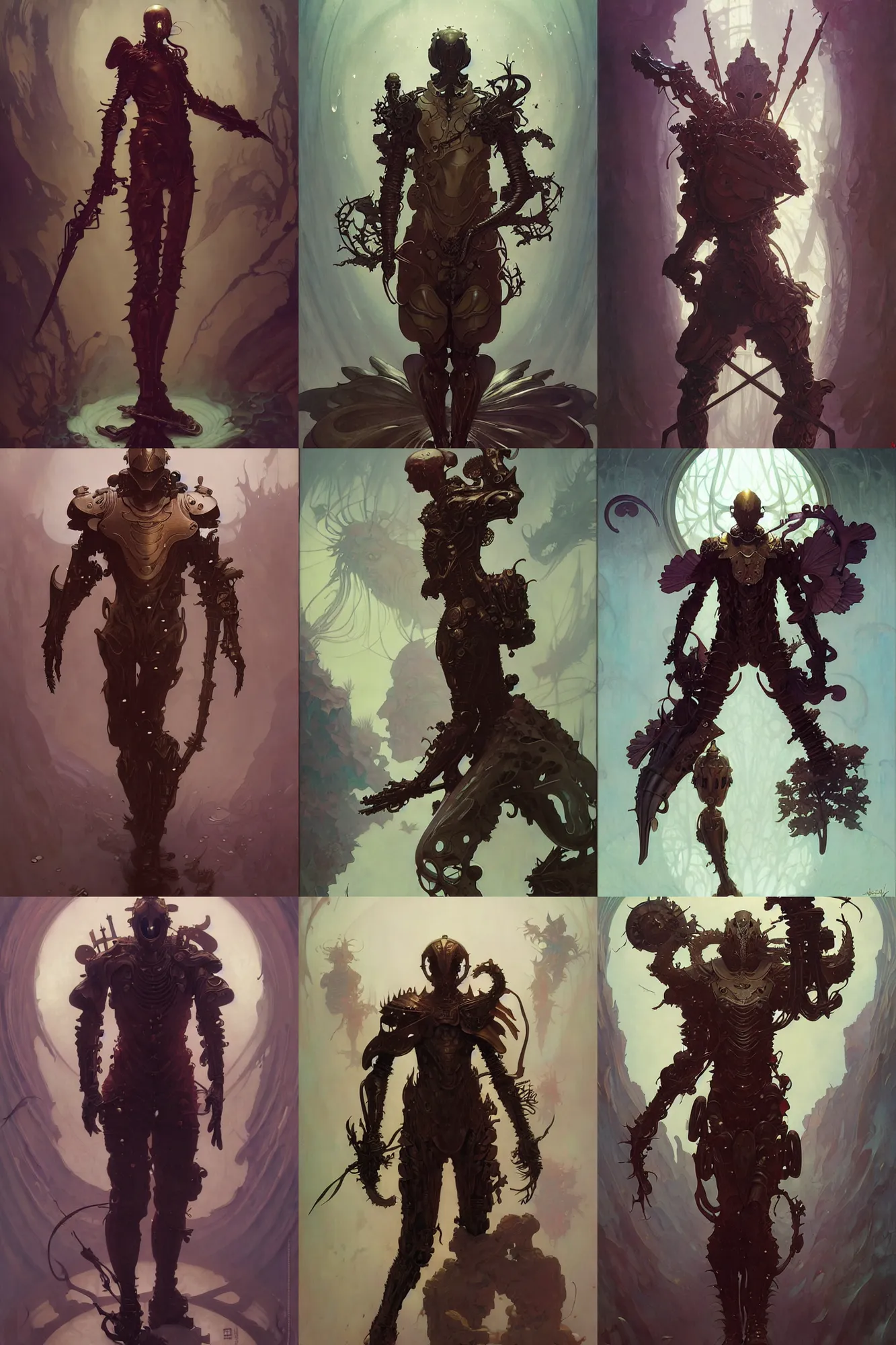 Prompt: male full body organic armor, creepy, fantasy, smooth, art by joseph leyendecker, peter mohrbacher, ruan jia, marc simonetti, ayami kojima, cedric peyravernay, alphonse mucha, victo ngai