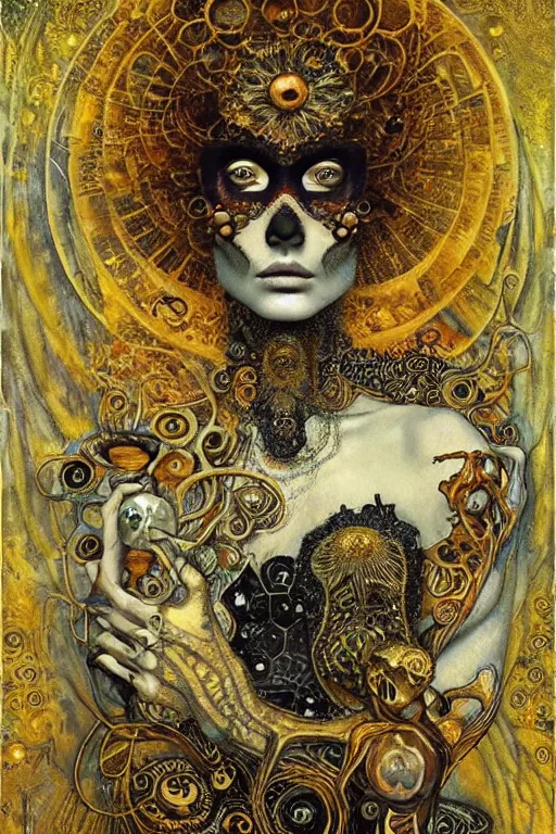 Image similar to Memento Mori by Karol Bak, Jean Deville, Gustav Klimt, and Vincent Van Gogh, beautiful visionary mystical portrait, calavera, otherworldly, fractal structures, ornate gilded medieval icon, third eye, spirals, jeweled calavera