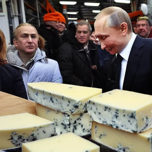 Image similar to close up of vladimir putin visiting a cheese market