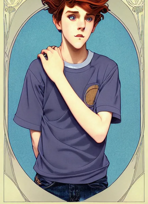 Image similar to art nouveau portrait of a teen boy with completely straight auburn hair, light blue eyes, pale skin, freckles, sad expression, t - shirt, modern casual clothing, natural lighting, path traced, highly detailed, high quality, cartoon, digital painting, by don bluth and ross tran and studio ghibli and alphonse mucha