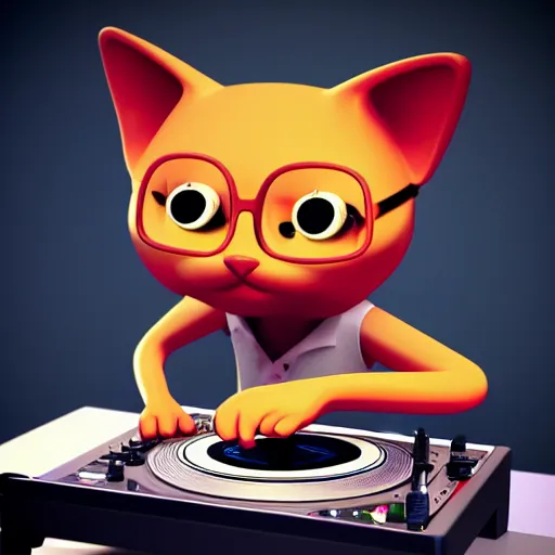 Image similar to anthropomorphic cat at a dj table spinning records, beautiful logo style, rendered in blender