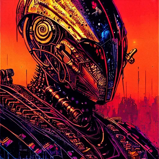 Image similar to cyberpunk knight, atmospheric lighting, painted, intricate, golden hour, ultra detailed by philippe druillet