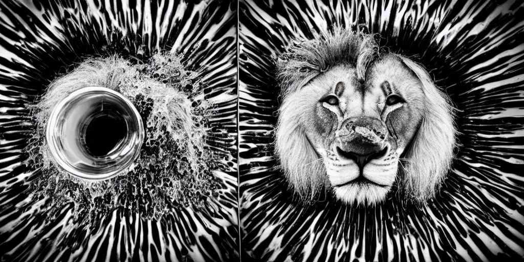 Image similar to a lion made of ferrofluid bathing inside the bathtub full of ferrofluid on a photography studio, dripping and drooling ferrofluid. dslr, wrinkles, ferrofluid, photography