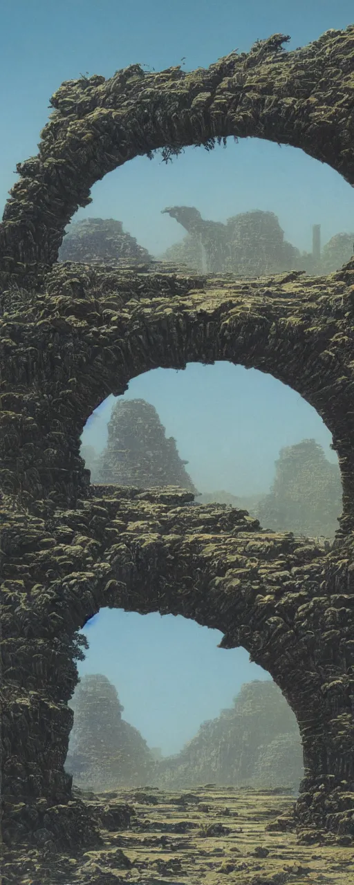 Image similar to A large stone archway, archway, through which can be seen a desolate savannah, by Bruce Pennington