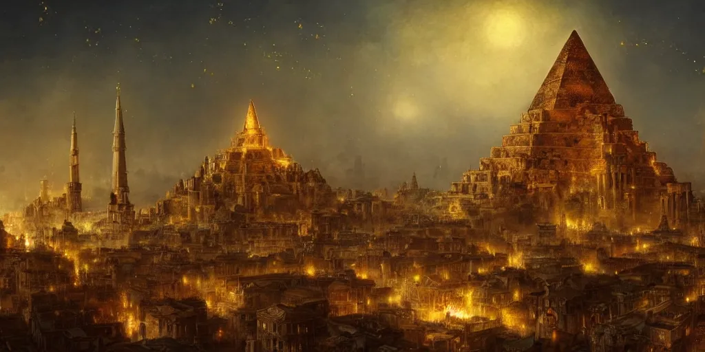 Image similar to magical city of the great tartarian empire adorned with amazing lost technology, lighting resembling fireflies, spires from rooftops collecting and distributing etheric energy, the centerpiece of the city is a colossal ancient pyramid made of metal, cityscape, combining intense detail & utmost quality, late 1 8 0 0 s photography christian hecker, artstation, - h 8 3 2