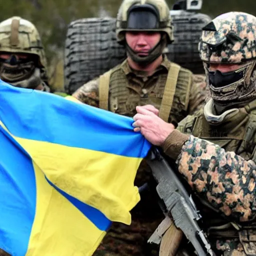 Image similar to Joe Biden fights in the azov battalion in the Ukraine War holding a ukrainian flag