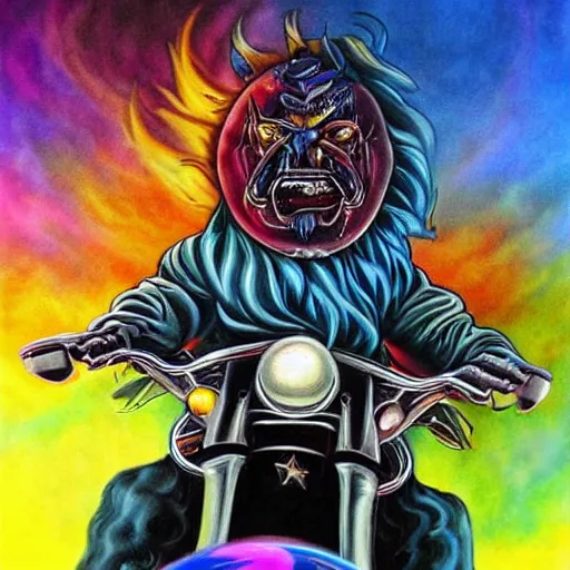 Image similar to psychedelic airbrush art of an orc driving a motorcycle