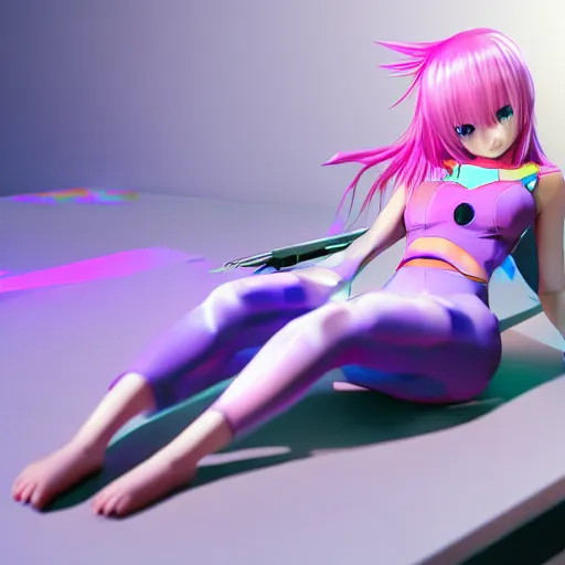 Image similar to advanced 3 d render digital anime art!!, gamer girl in bedroom sleeping on desk!!, rainbow eyes, rainbow hair, iterations = 5 0 0 0, trending on pixiv, artstation, deviantart, sakimimichan, artgerm