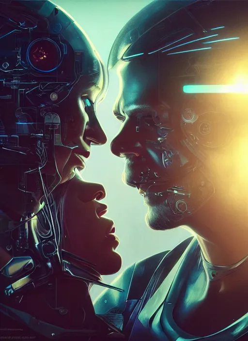 Image similar to ultra realistic medium shot of a couple of cyborgs kissing, lovers, cyberpunk, sci - fi, fantasy, kodak, photorealistic illustration, colour led, soft light, volumetric lighting, night, intricate, highly detailed, digital painting, concept art, smooth, sharp focus, illustration, art by artgerm and greg rutkowski and alphonse mucha