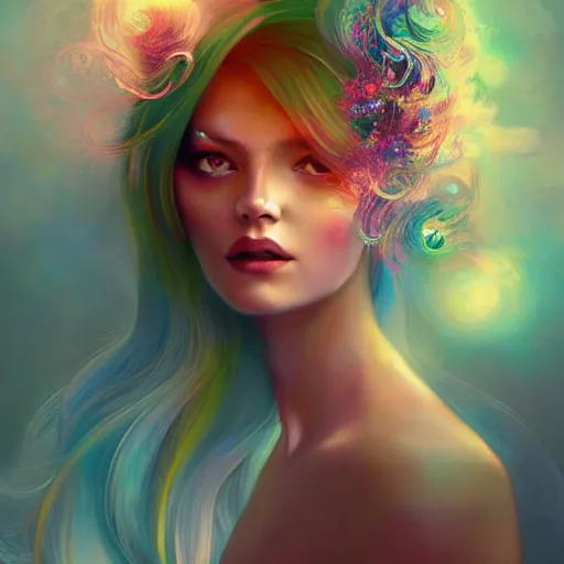 Image similar to a painting of a woman with long hair, digital art by anna dittmann, behance contest winner, psychedelic art, behance hd, detailed painting, iridescent