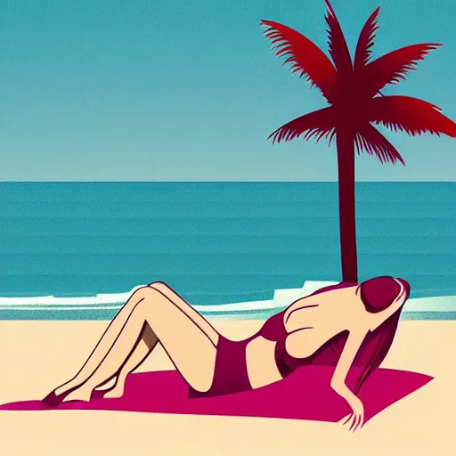 Image similar to a beautiful flat illustration of a woman on the beach in swimsuit by hed kandi, adobe illustrator